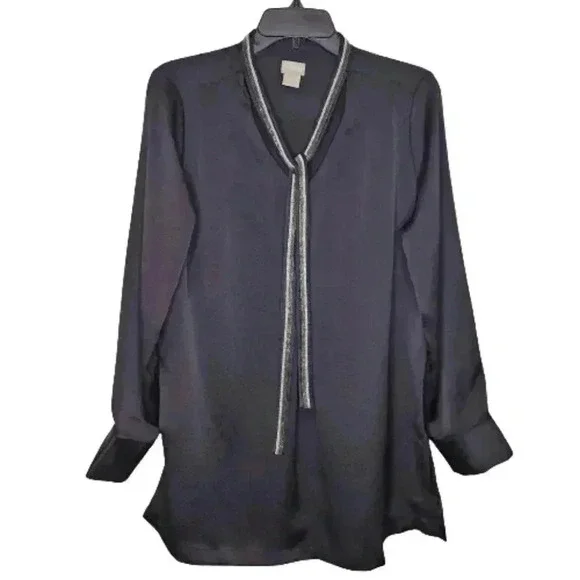 Chico's Damen Black Satin Metallic Bead Tie Front Neck Crinkle Tunic Size 1 (S) - Picture 9 of 14